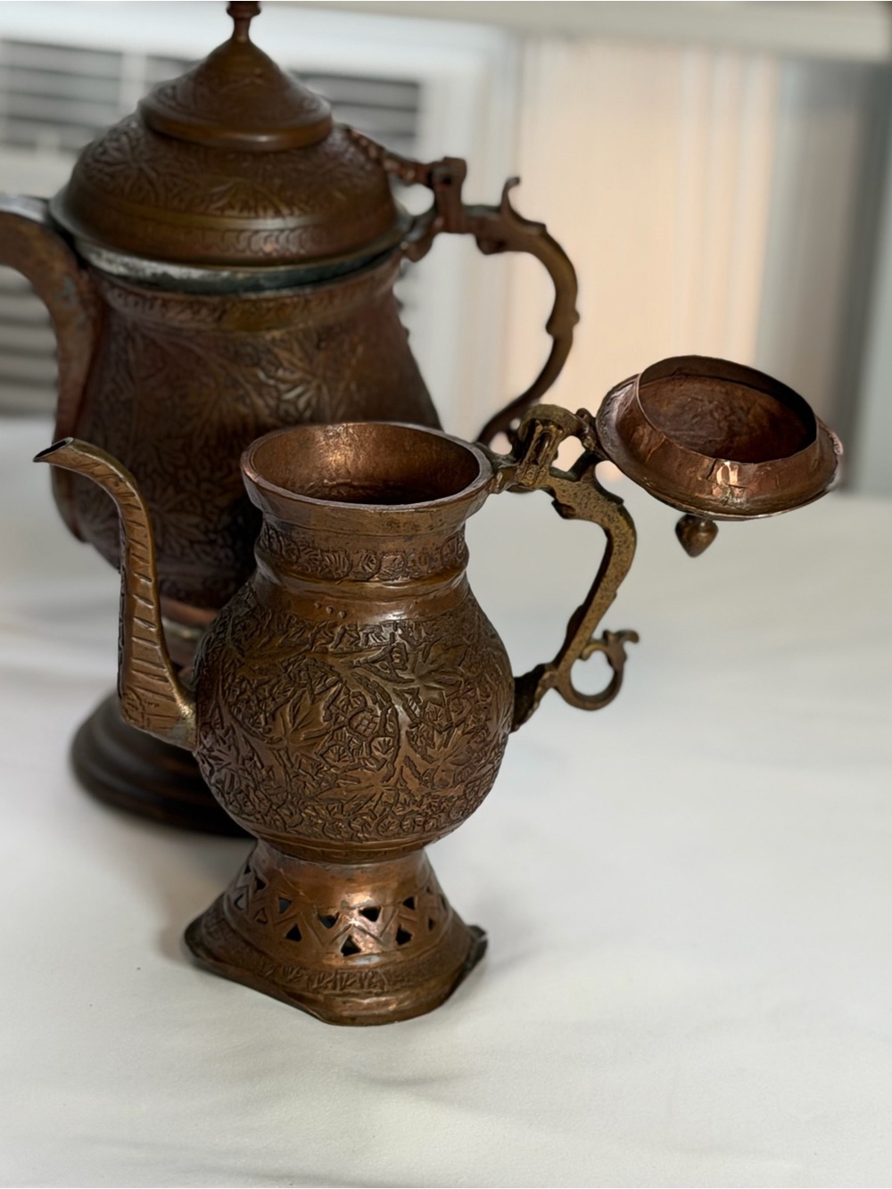 Ornate Copper-Tone Decorative Coffee Pot - Classic Metal Pitcher